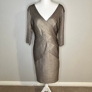 Tadashi Shoji bronze metallic criss cross v-neck 3/4 sleeve lined dress size L